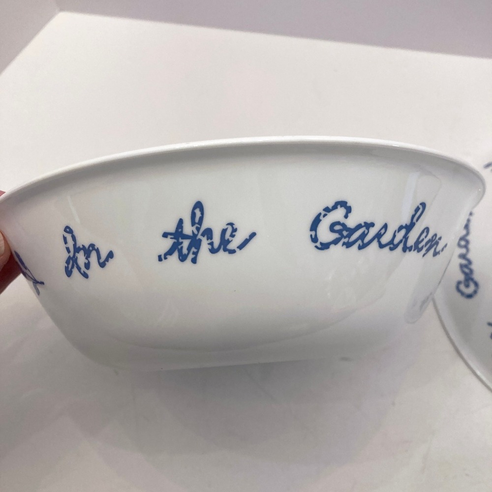 Corelle In the Garden 8.5" Wide Round Serving Bowl Set of 2 White Blue Lettering
